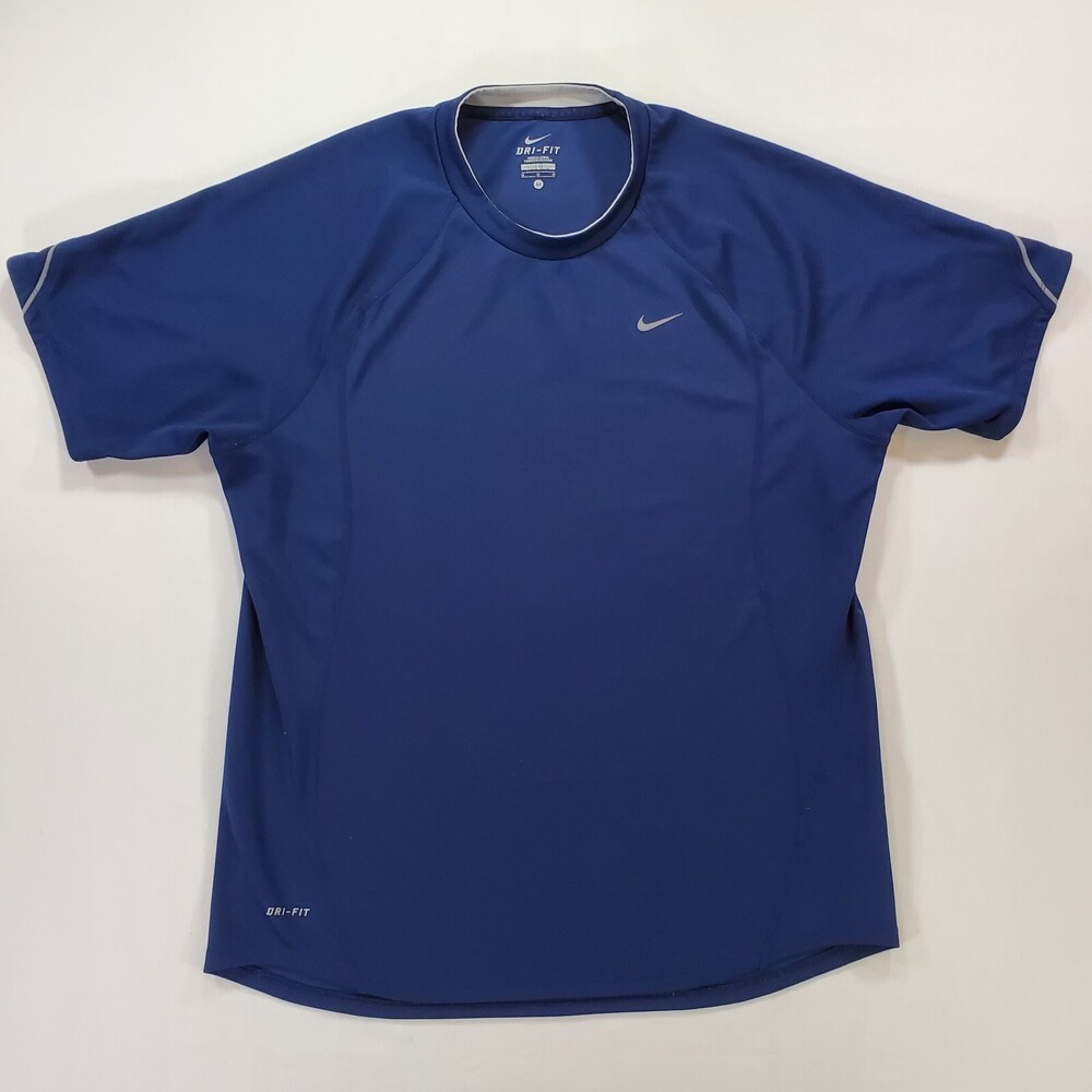 Nike Dri-Fit Shirt Men Medium Navy Blue Silver Swoosh Raglan Sleeve Athletic Tee